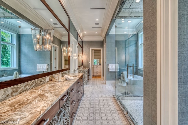 bathroom featuring vanity, independent shower and bath, crown molding, tile flooring, and an inviting chandelier