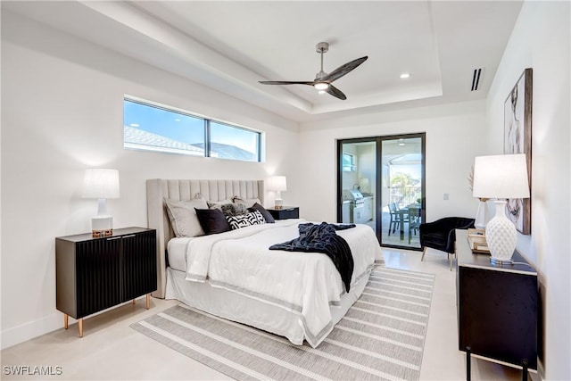 bedroom featuring recessed lighting, a raised ceiling, visible vents, access to outside, and baseboards