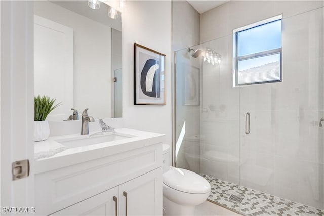 full bath featuring toilet, a shower stall, and vanity