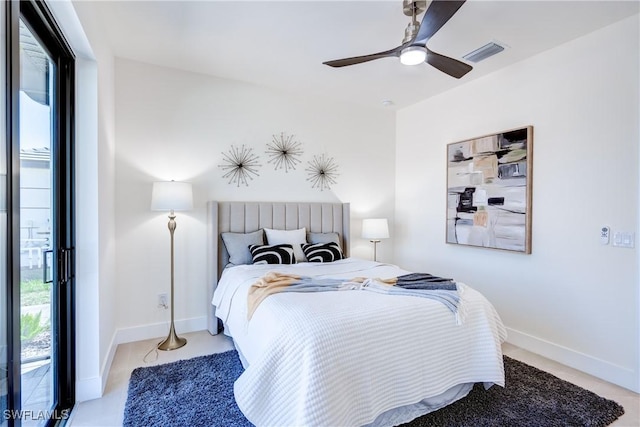 bedroom with baseboards, visible vents, and a ceiling fan