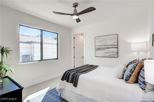 bedroom featuring carpet floors, ceiling fan, and baseboards