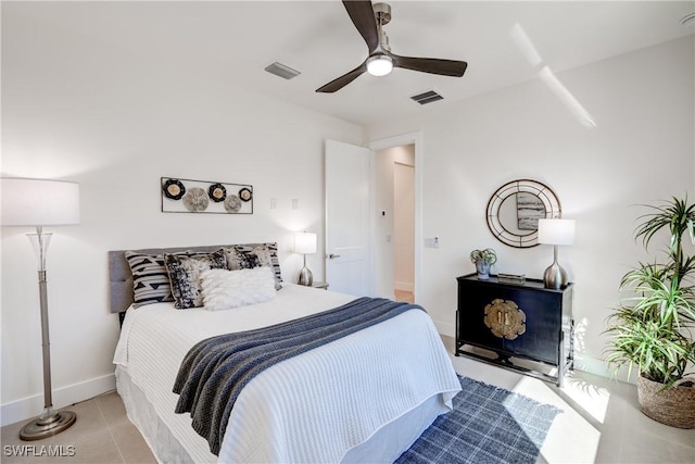 tiled bedroom featuring visible vents, ceiling fan, and baseboards