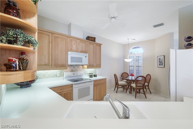 kitchen with ceiling fan, tasteful backsplash, decorative light fixtures, white appliances, and light tile patterned floors