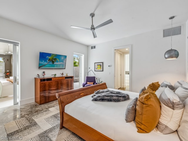 bedroom with ensuite bathroom and ceiling fan