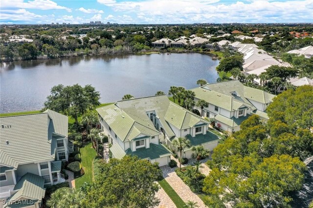 aerial view featuring a water view and a residential view