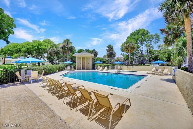 pool featuring a patio area and fence