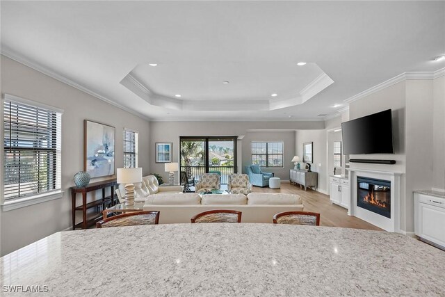 living room with light hardwood / wood-style floors, crown molding, and a raised ceiling