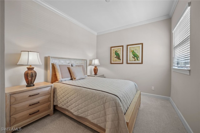 bedroom with crown molding and light colored carpet