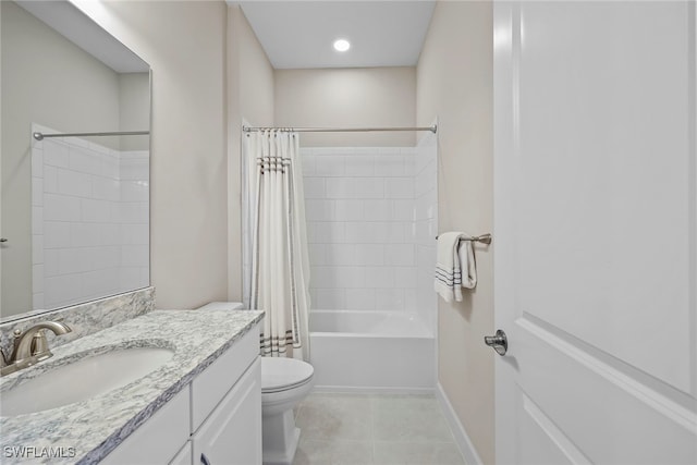 full bathroom with toilet, shower / bath combo with shower curtain, vanity, and tile patterned flooring