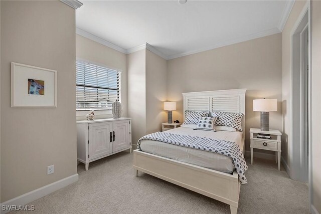 carpeted bedroom featuring ornamental molding