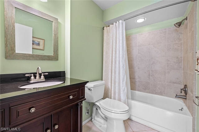 full bathroom with toilet, tile patterned flooring, vanity, and shower / bath combo with shower curtain