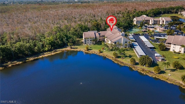 drone / aerial view featuring a water view