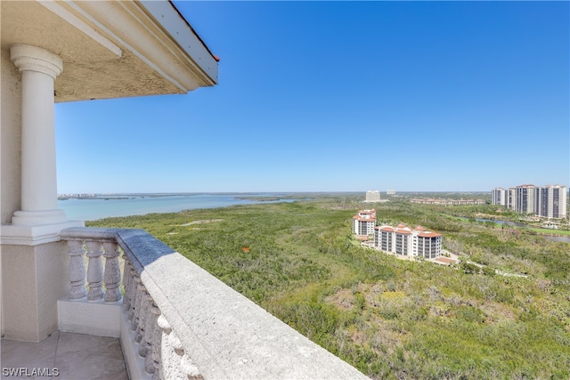 exterior space with a water view