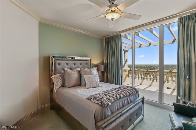 carpeted bedroom with ornamental molding, access to exterior, and ceiling fan