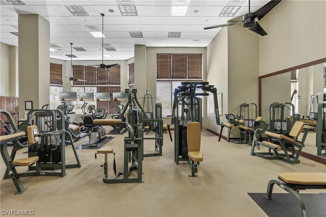 exercise room featuring a paneled ceiling, ceiling fan, and a healthy amount of sunlight