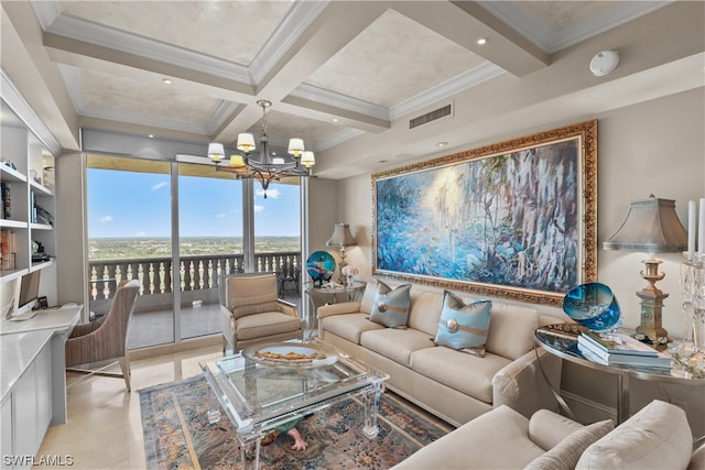 living room with light tile floors, coffered ceiling, a chandelier, and beamed ceiling