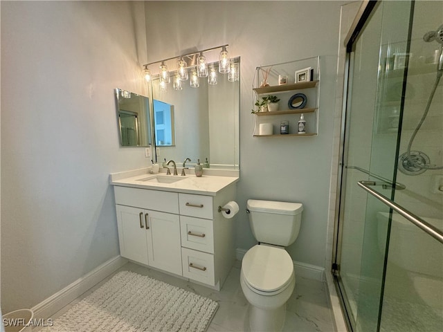 bathroom with walk in shower, toilet, and vanity