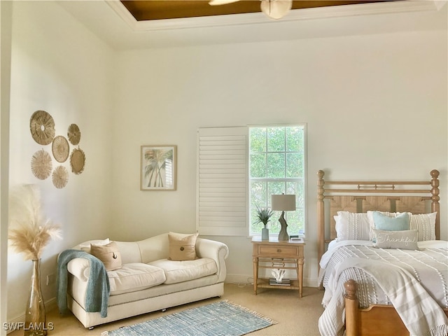 bedroom with light colored carpet