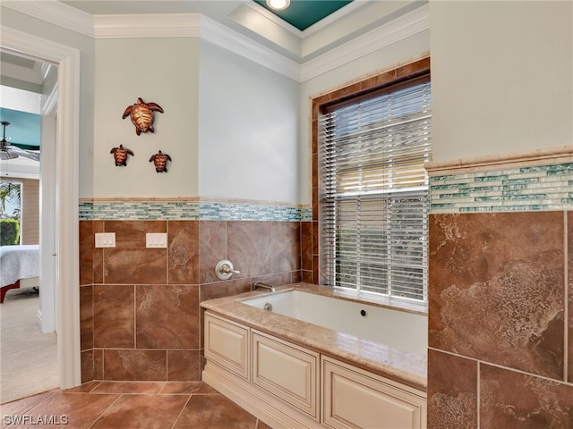 bathroom featuring ornamental molding, tile walls, a tub to relax in, and tile patterned flooring