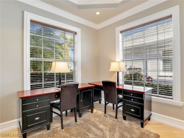 office area with ornamental molding, light wood-type flooring, and plenty of natural light