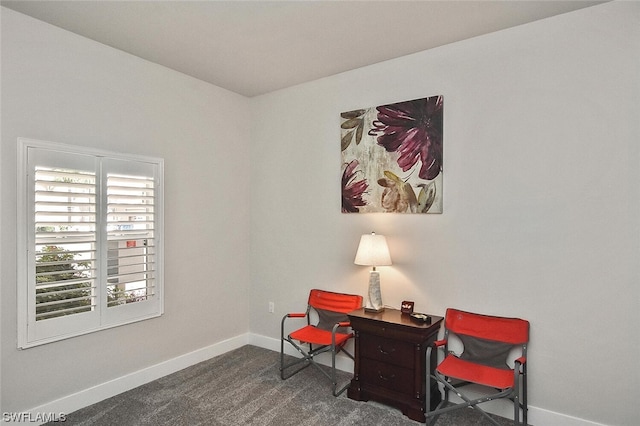 sitting room featuring dark colored carpet