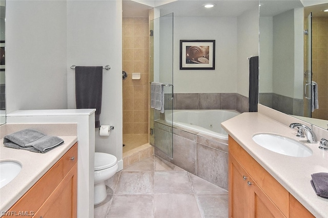 full bathroom with vanity, separate shower and tub, tile patterned flooring, and toilet