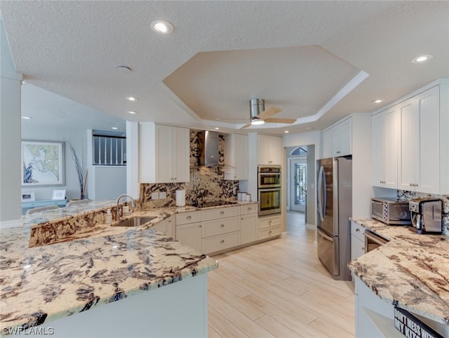 kitchen featuring ceiling fan, sink, a raised ceiling, appliances with stainless steel finishes, and wall chimney exhaust hood