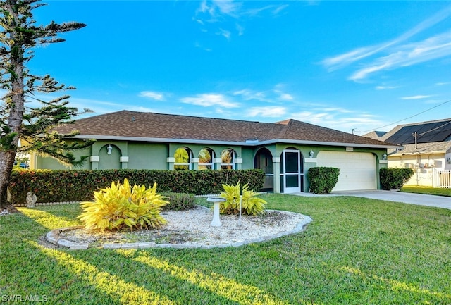 ranch-style house with a front yard, solar panels, and a garage