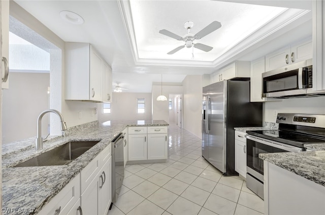 kitchen featuring ceiling fan, appliances with stainless steel finishes, white cabinets, a tray ceiling, and sink