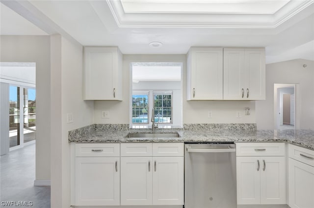 kitchen featuring light stone countertops, white cabinetry, sink, light tile floors, and dishwasher