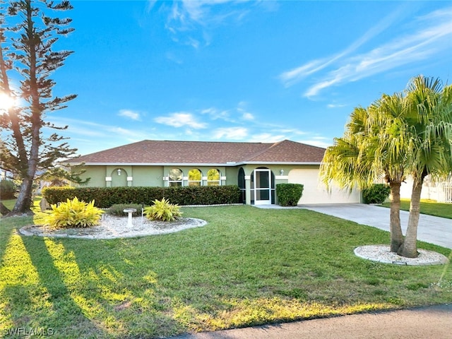 single story home with a front yard and a garage