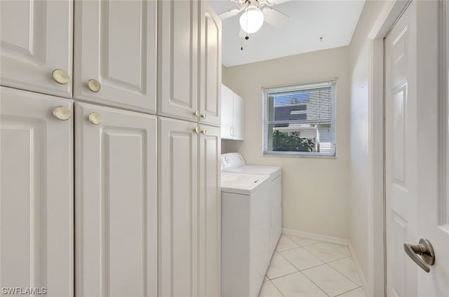 washroom with washing machine and dryer, cabinets, ceiling fan, and light tile flooring