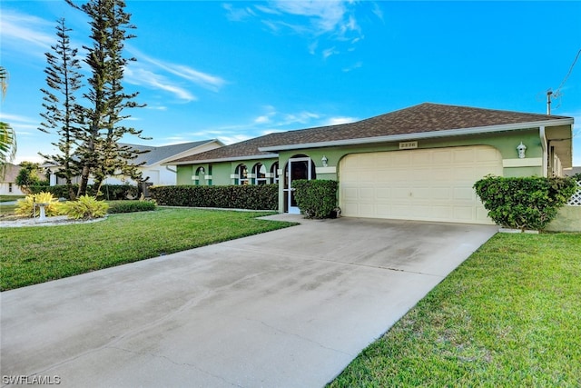 single story home featuring a front yard and a garage