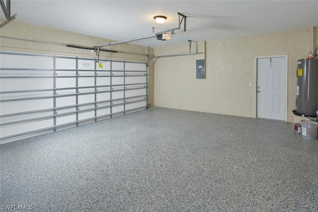 garage featuring electric panel, electric water heater, and a garage door opener