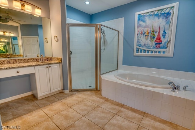 bathroom featuring ceiling fan, vanity, shower with separate bathtub, and tile patterned floors