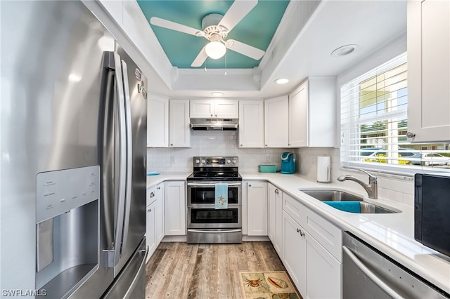 kitchen with sink, ceiling fan, a raised ceiling, appliances with stainless steel finishes, and light wood-type flooring