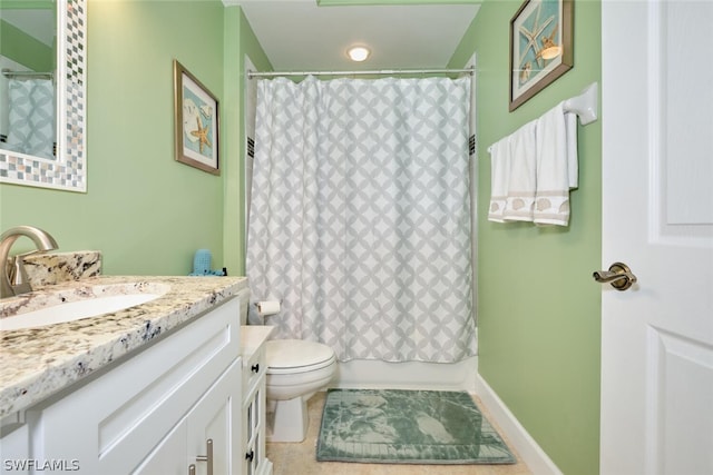 full bathroom with shower / bathtub combination with curtain, vanity, and toilet