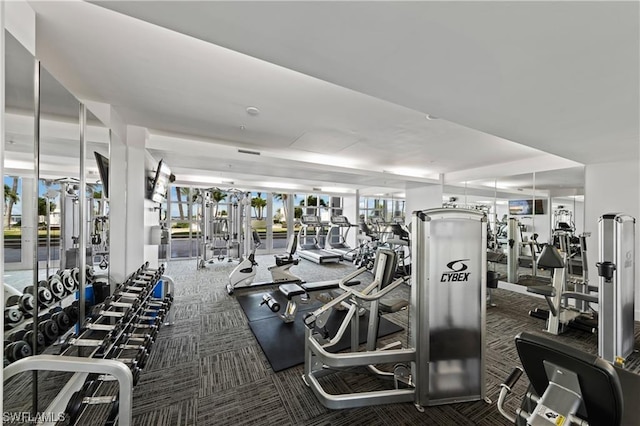 gym featuring dark colored carpet