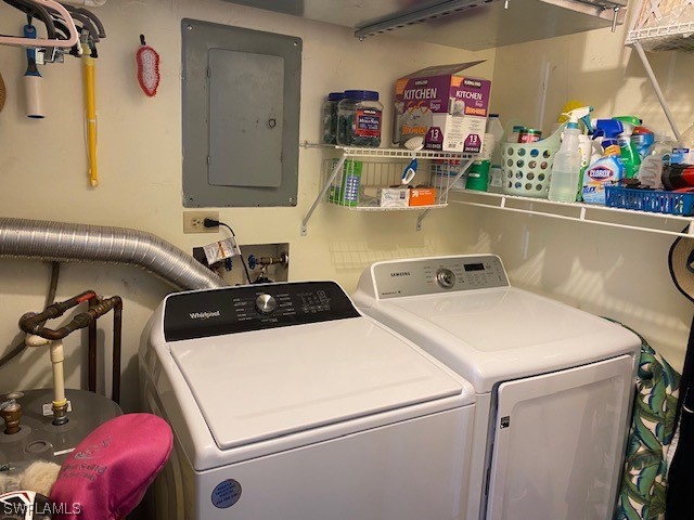 laundry area with washing machine and dryer and electric panel