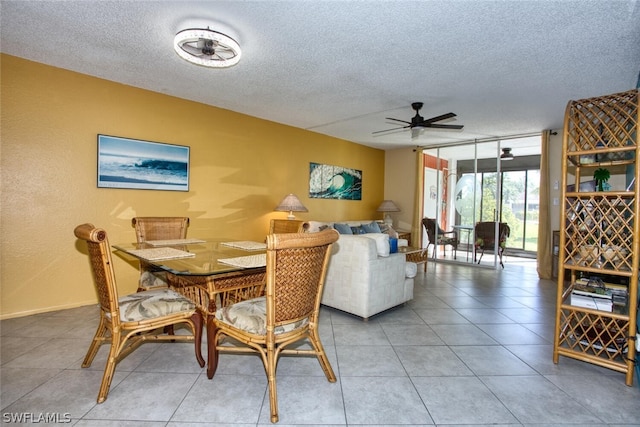 dining space featuring ceiling fan, a wall of windows, and a textured ceiling