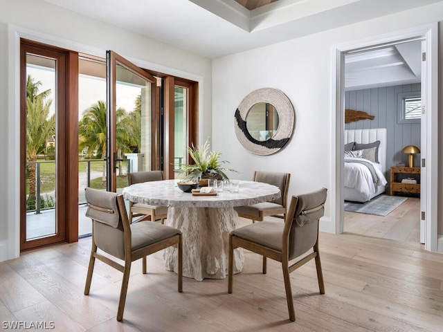 dining space featuring a raised ceiling, light hardwood / wood-style flooring, and a healthy amount of sunlight