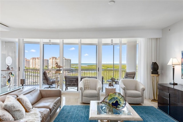 sunroom with a city view