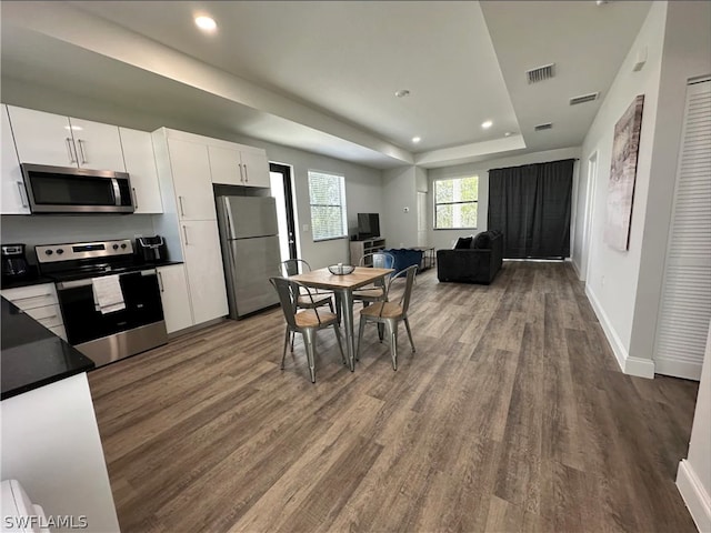 kitchen featuring a raised ceiling, stainless steel appliances, wood-type flooring, and white cabinets