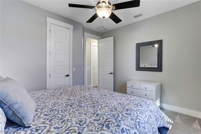 bedroom with light carpet and ceiling fan