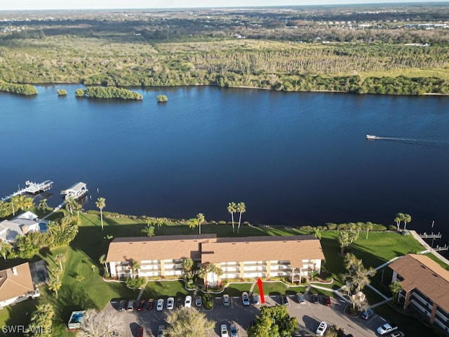 drone / aerial view with a water view