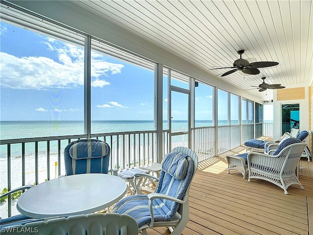 sunroom with a water view, wood ceiling, and ceiling fan