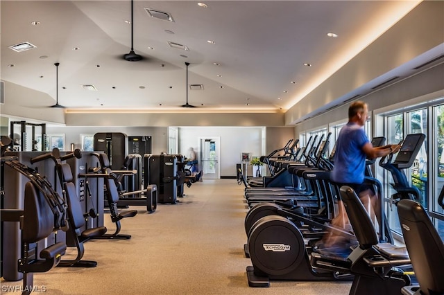 workout area featuring light carpet and high vaulted ceiling