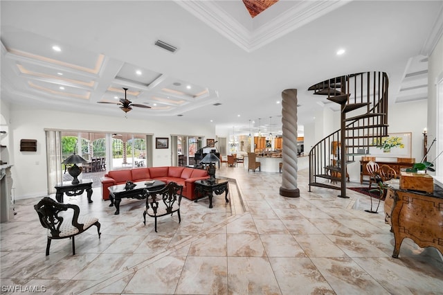 dining room featuring coffered ceiling, light tile floors, beam ceiling, ceiling fan, and crown molding