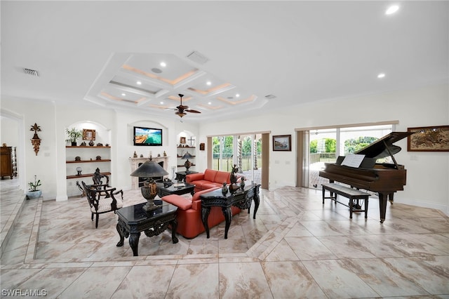 tiled living room with coffered ceiling, ceiling fan, and beam ceiling