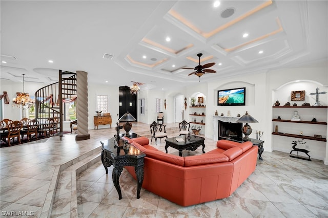 living room featuring coffered ceiling, ceiling fan with notable chandelier, and light tile flooring